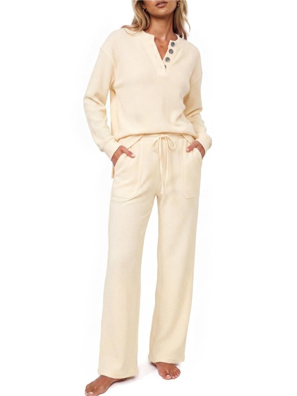 Women's Waffle Knit Long Sleeve 2 Piece Lounge Sets